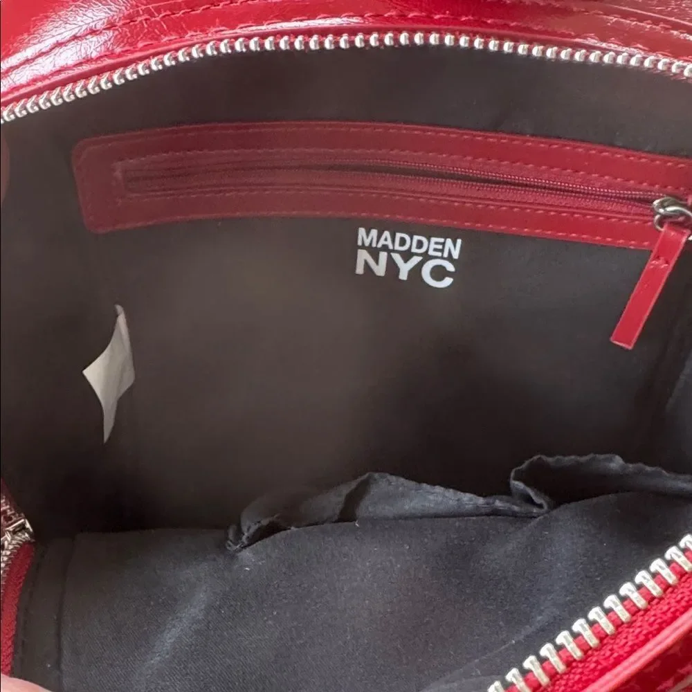 Madden NYC Red Patent Faux Leather Backpack Travel Everyday Wear Bag Casual EUC
